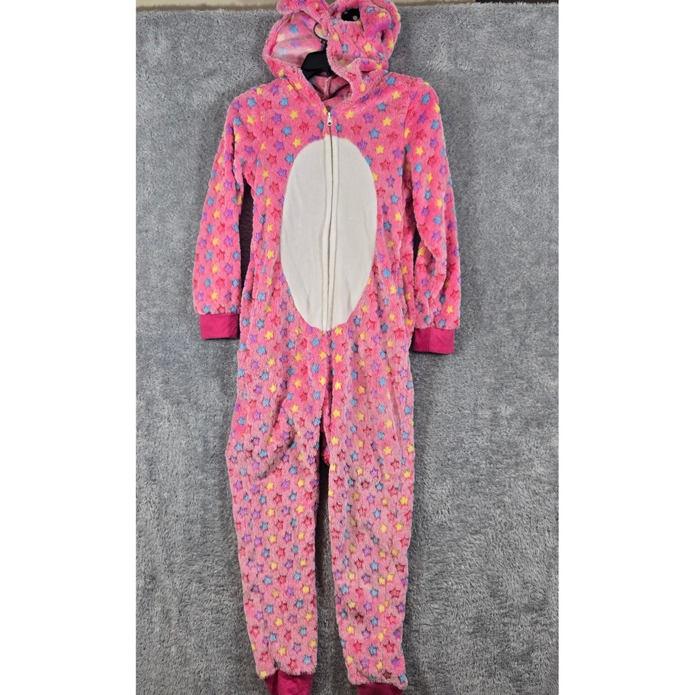 Yelete Girls Pink Star Unicorn Plush Fleece Hooded Union Suit Pajamas Large